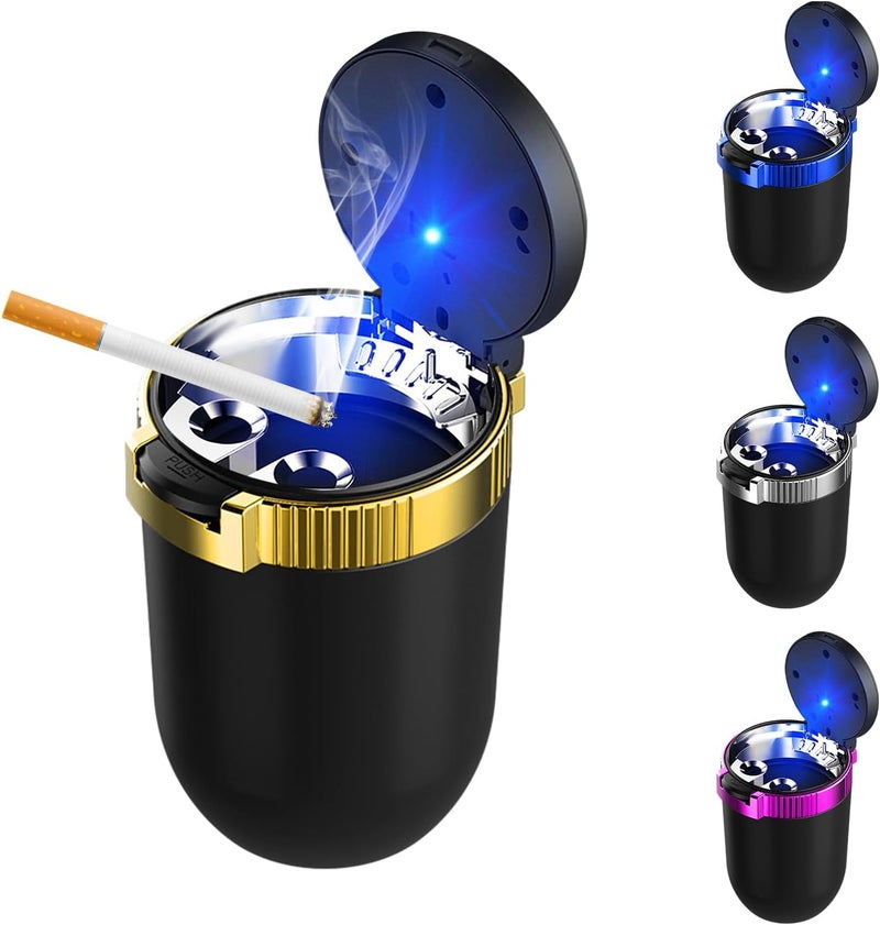 FSTURIOS Car Ashtray with Lid, Detachable Smokeless Auto Cup Holder Ashtray with LED Blue Light, Stainless Steel Ash Tray Portable Mini Vehicle Trash Can for Car Home Outdoor (Golden) - Image 1